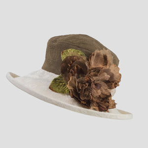 Vintage fabric floral hat with brown flower