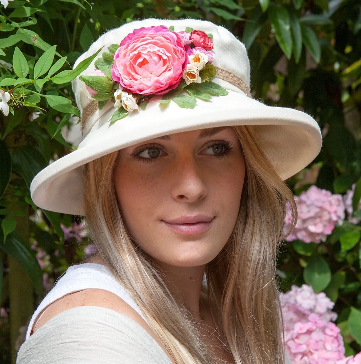 Vanessa Linen Boned Brim Cloche with Flower Trim