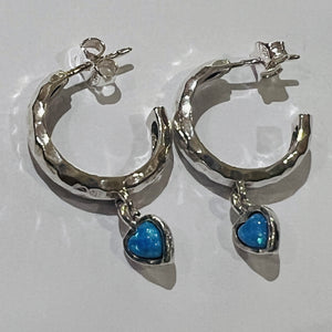 925 Sterling Silver Hoop Earrings  Opal Heart
