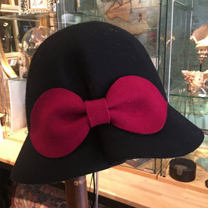 Soft Black Cloche Hat with Burgundy Bow