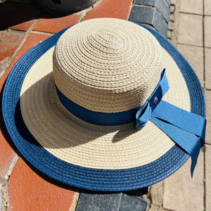 Wide Brim Straw Hat With Navy Bow