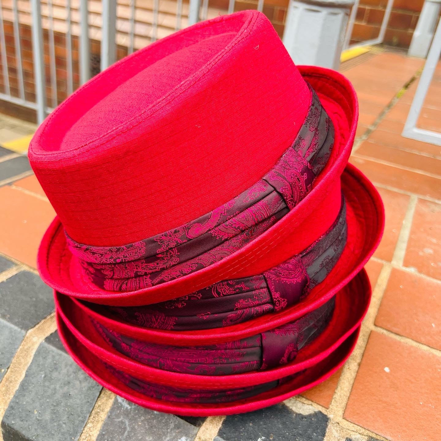 Ruby Pork Pie Hat with Decorative trim