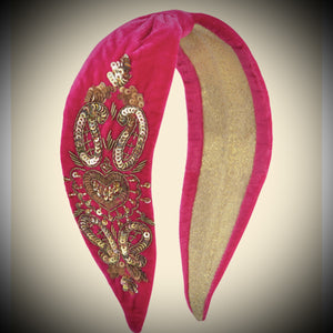 Gold Sequinned Velvet Headband - Hot Pink