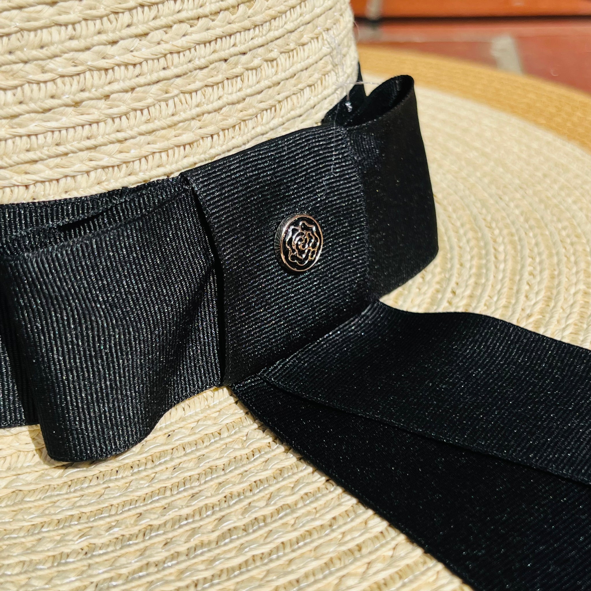 Wide Brim Straw Hat With Navy Bow