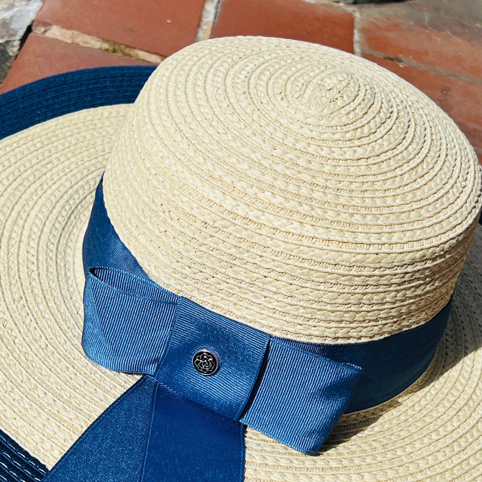 Wide Brim Straw Hat With Navy Bow