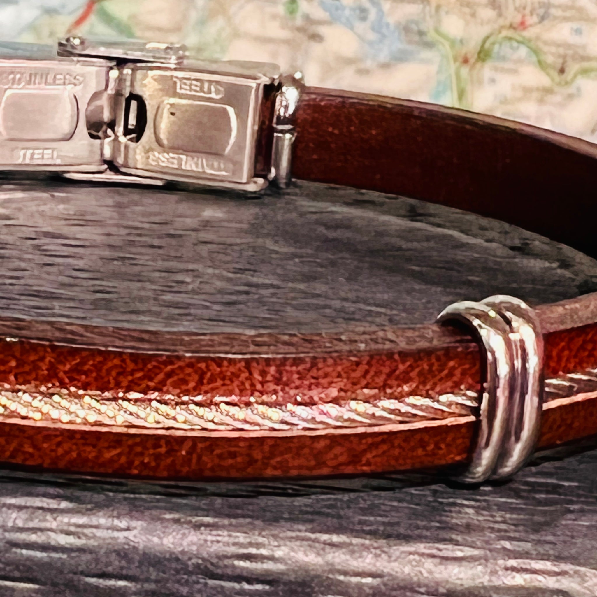 Brown Leather Bracelet with Central Steel Cable