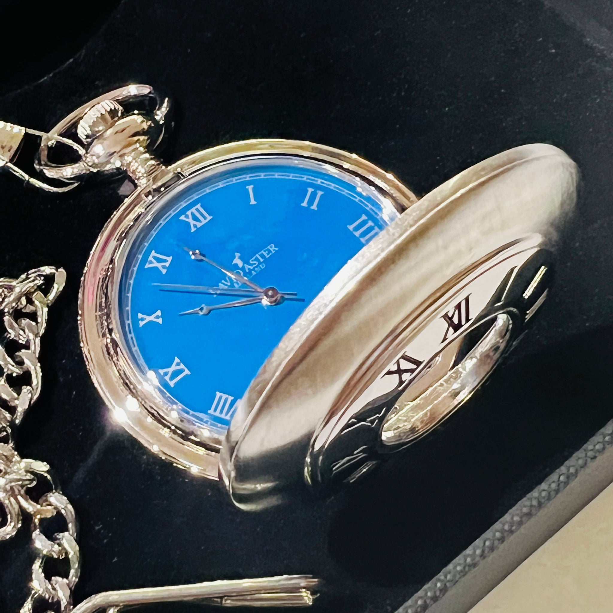 Stainless Steel Blue Half Hunter Pocket Watch