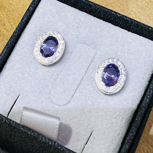 925 Sterling Silver Oval Studs Set With CZ and Amethyst CZ