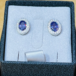 925 Sterling Silver Oval Studs Set With CZ and Amethyst CZ