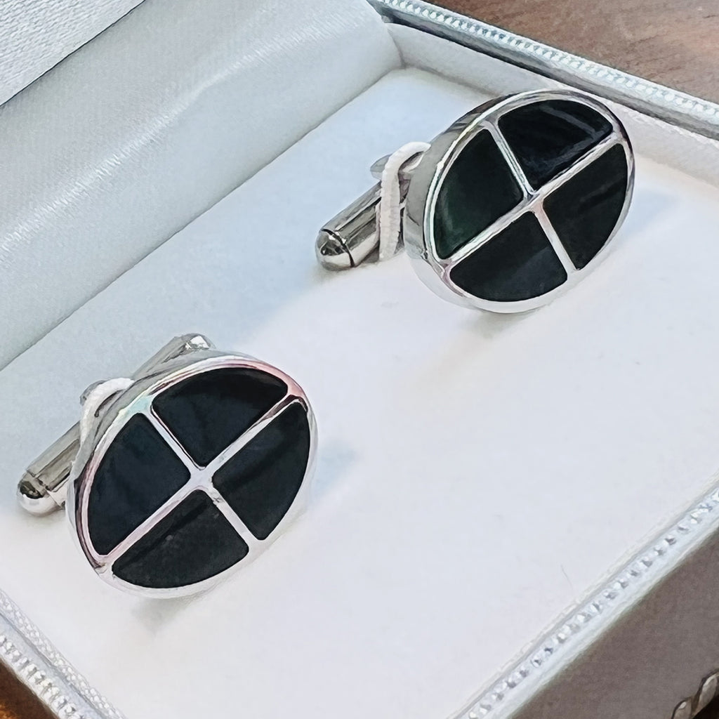 Cufflinks Oval Black Enamel Cross Design