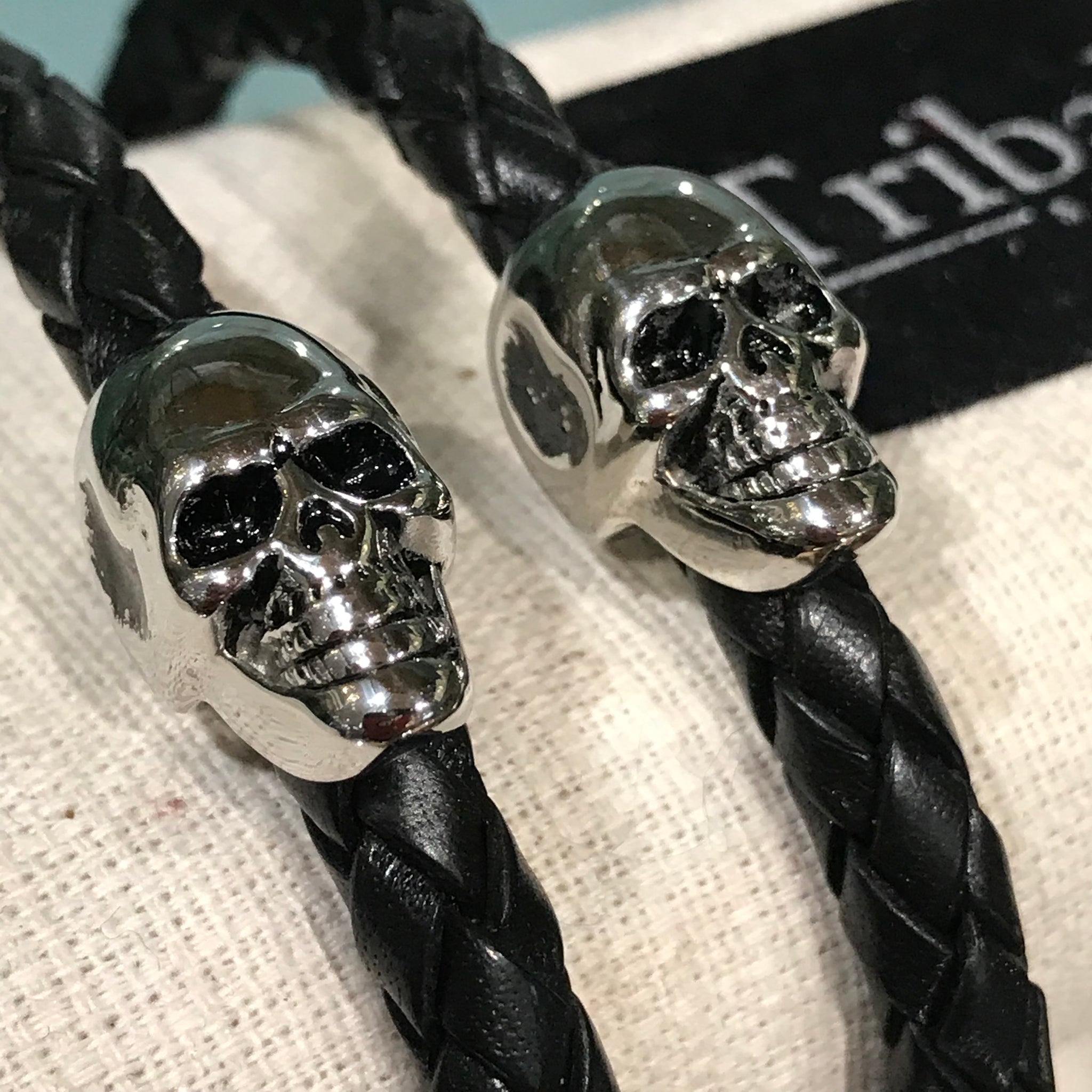 Leather Plait Bracelet with Skull Charm