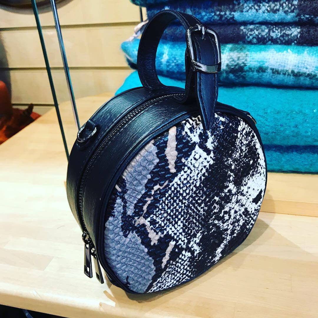 Snake print Italian leather round grab bag, hand bag