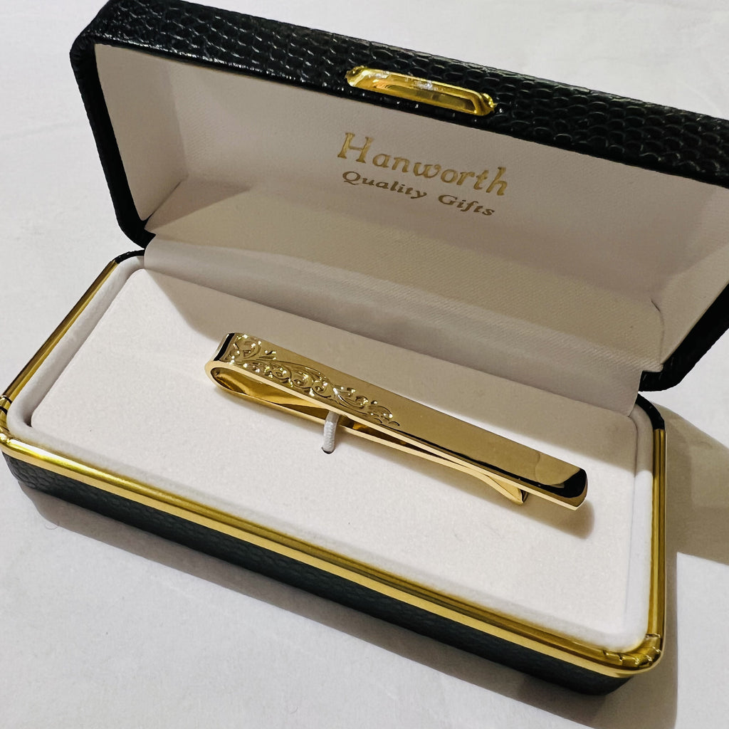 Gold Plated Tie Slide Floral Engraved