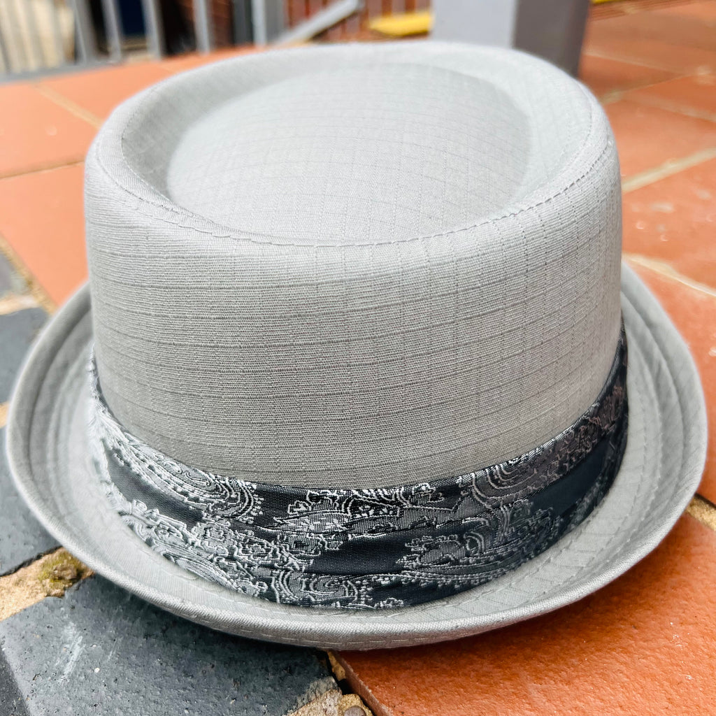 Grey Pork Pie Hat with Decorative Trim