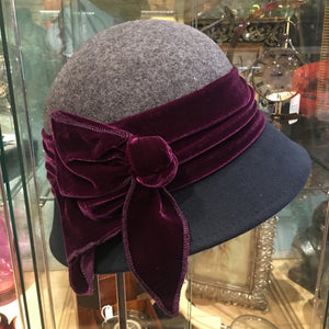 Two Tone Wool Cloche Hat with Velvet Band