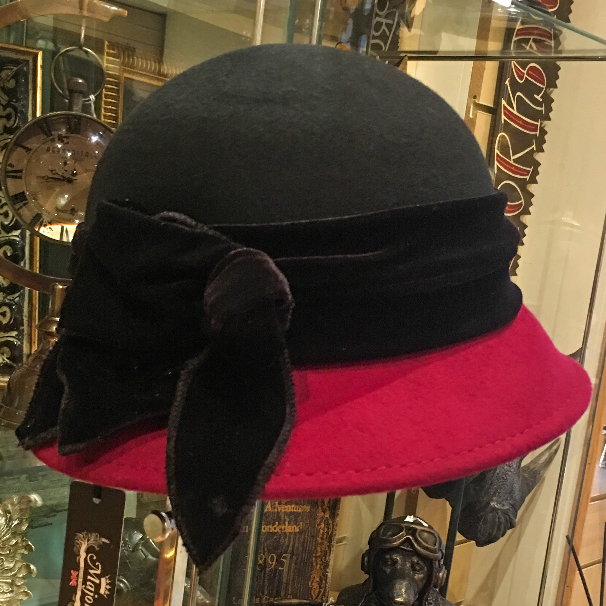 Two Tone Wool Cloche Hat with Velvet Band