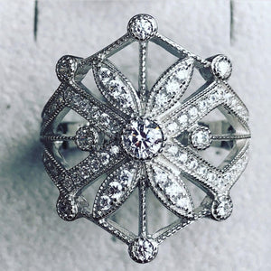 Victorian Style Silver CZ Sun Ring 8/P