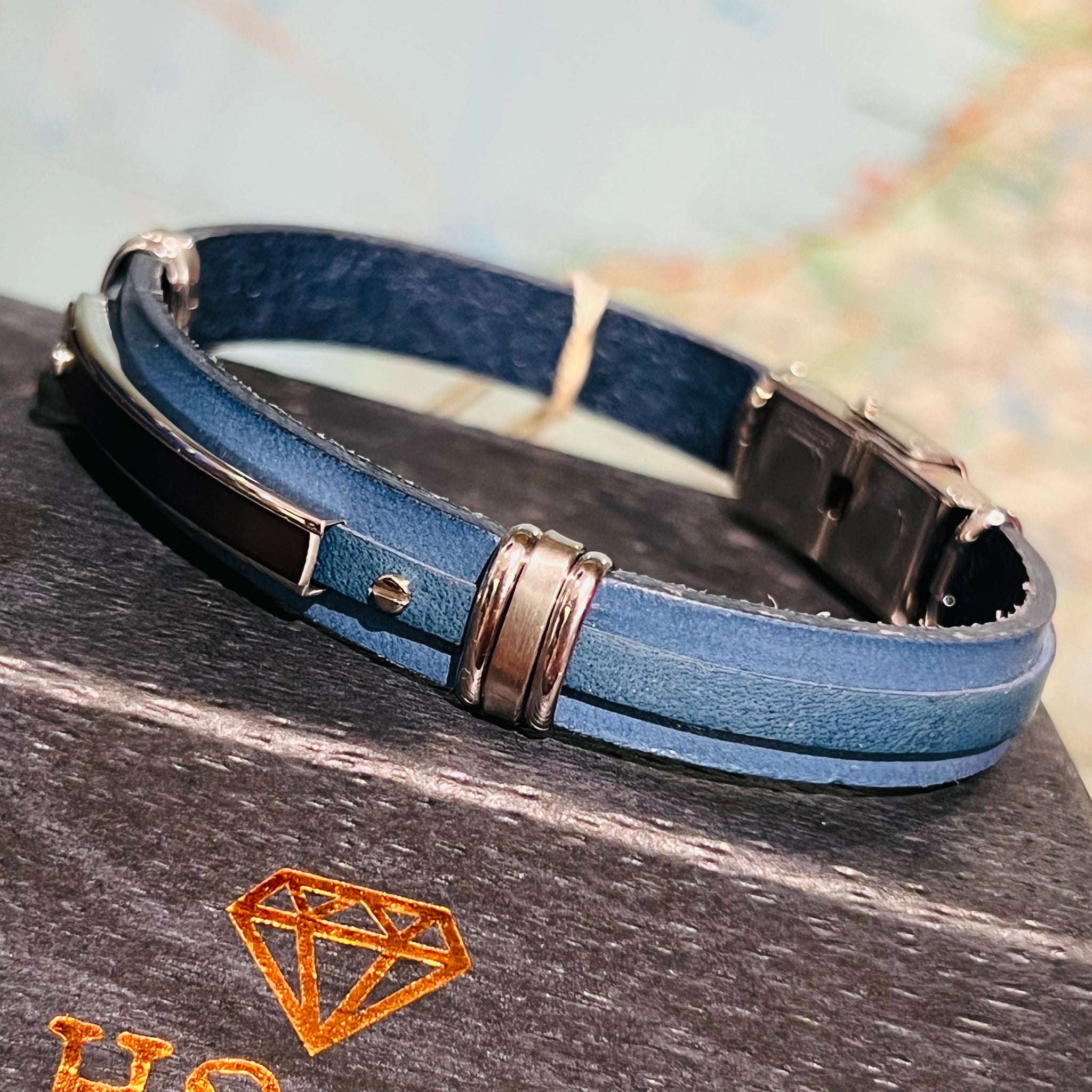 Blue Leather Bracelet with Central PVD Steel Plate