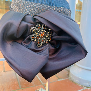 Tapestry Cloche Hat Brown Wide Satin Sash & Brooch