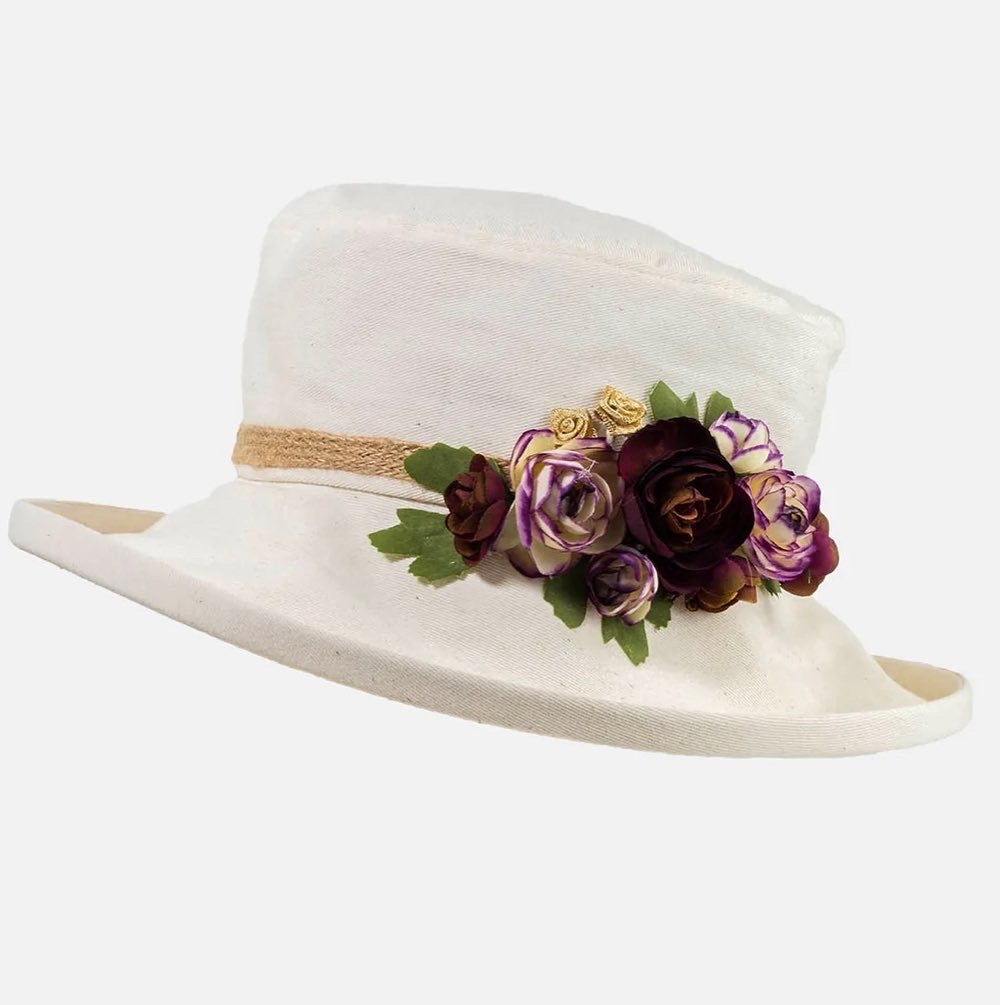 Vanessa Linen Boned Brim Cloche with Flower Trim