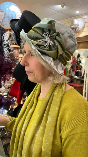 Mint Floral Tapestry Cloche Hat with Olive Sash
