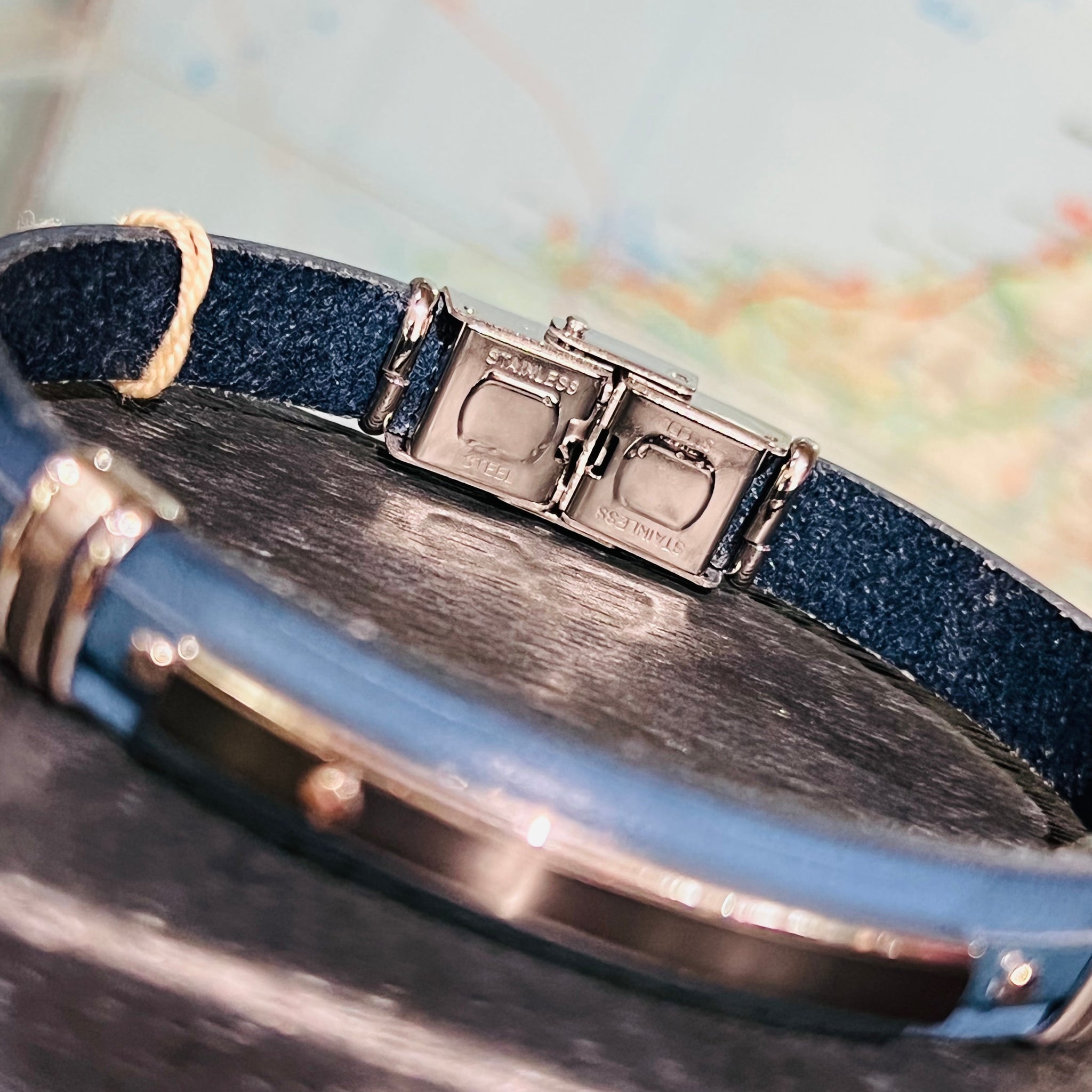 Blue Leather Bracelet with Central PVD Steel Plate