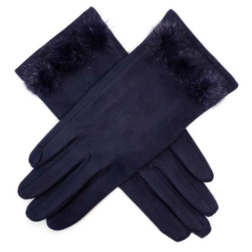 Suedette Gloves with 3 Pom Poms