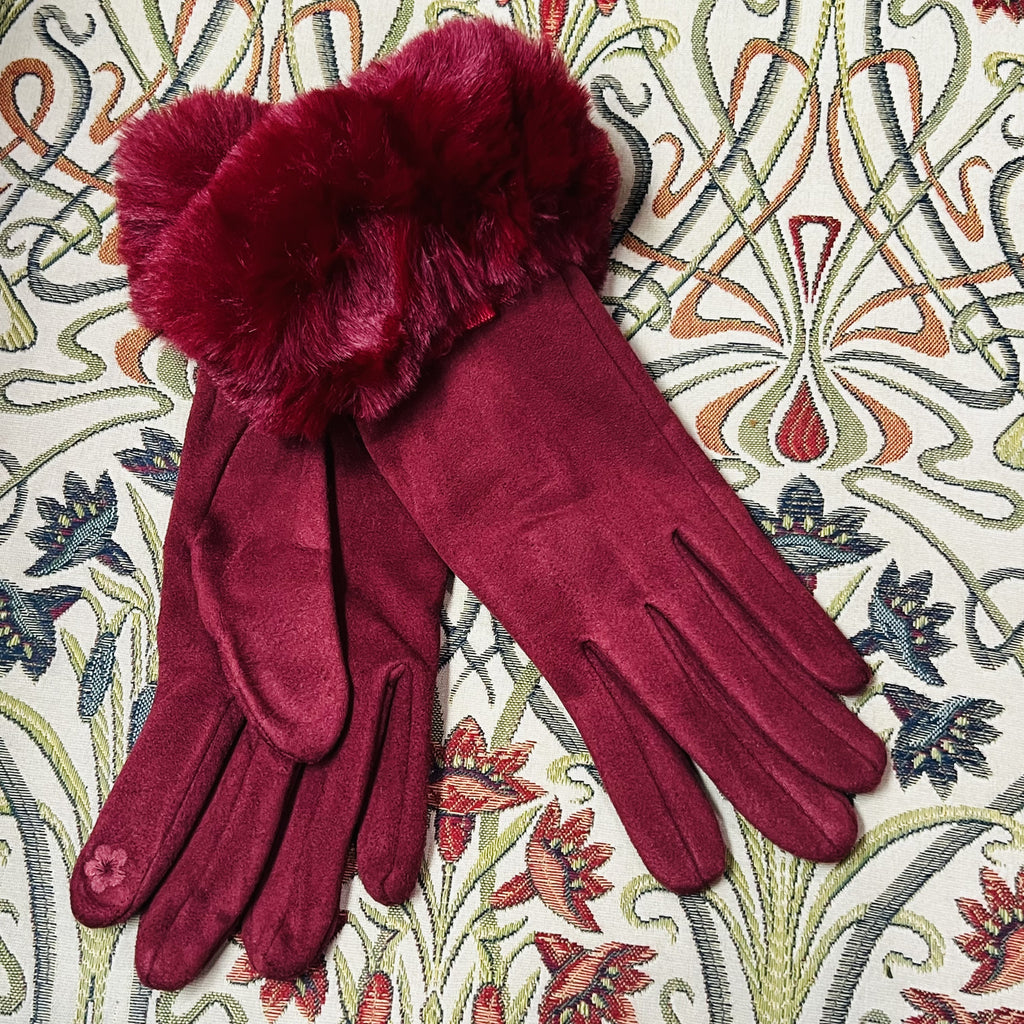 Ladies Gloves - Faux Fur Cuff & Bow