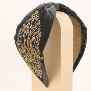 Headband - Wide  Embellished Velvet  - Charcoal