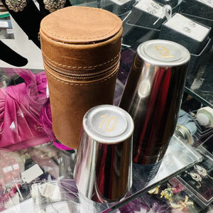 Set of 10 Cups in Cylindrical Leather Case