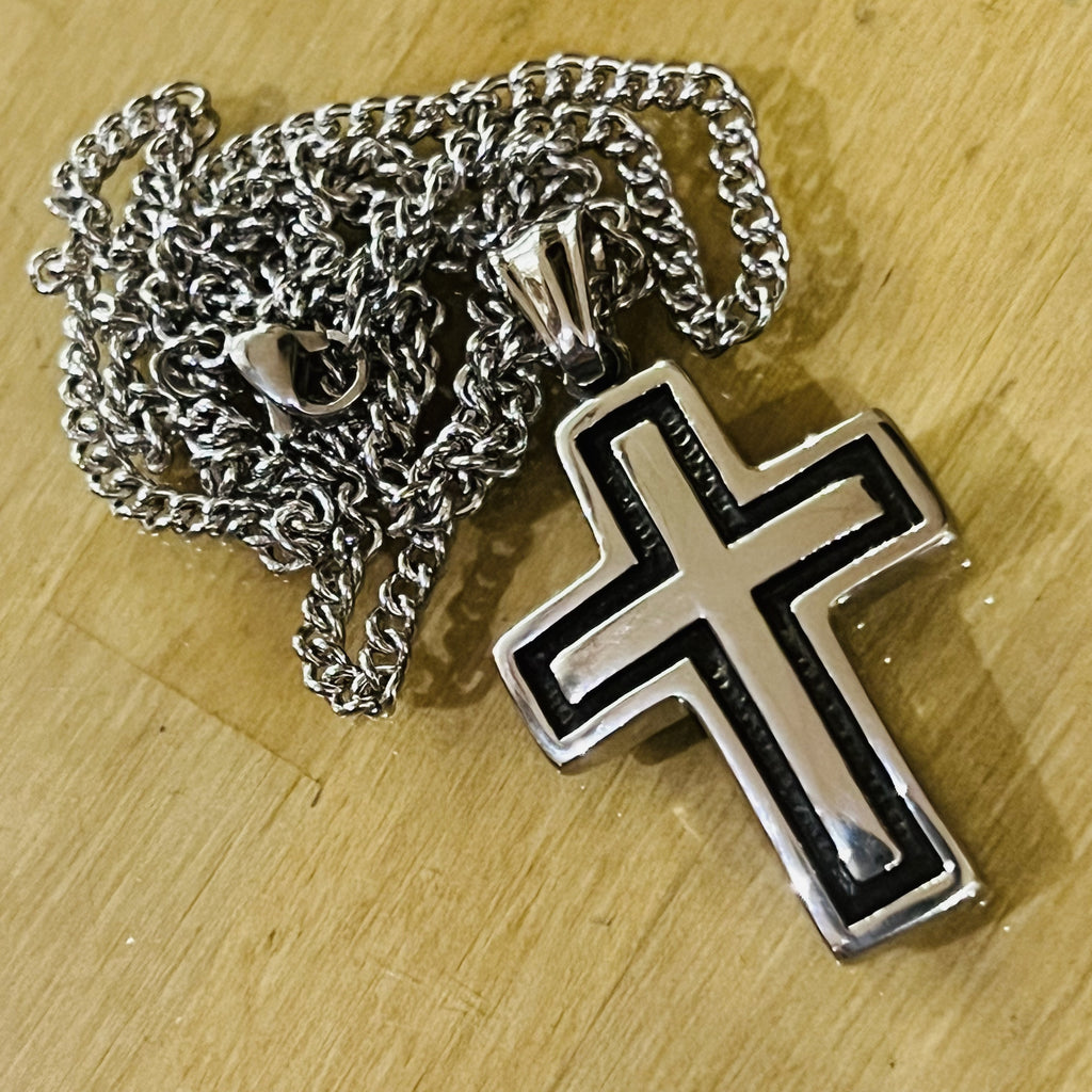 SS Cross Pendant with Oxidised Shadow