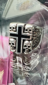925 Sterling Silver Cross with Skull Background Ring