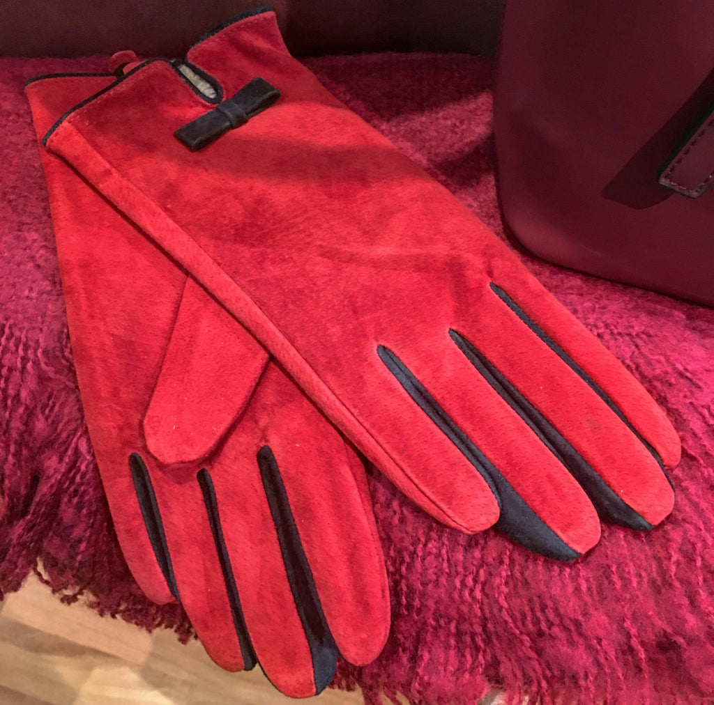 Red Suede Gloves with Navy Bow Detail