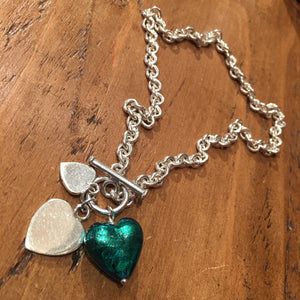 Silver chain necklace with T Bar and green Murano heart