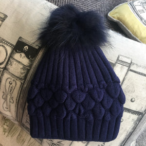 Beanie Wool Hat with Fur Pom Pom