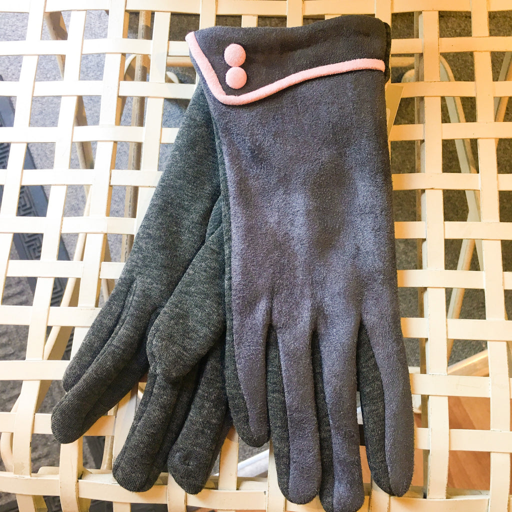 Grey suedette gloves with pink trim and 2 buttons