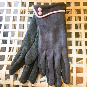 Grey suedette gloves with pink trim and 2 buttons