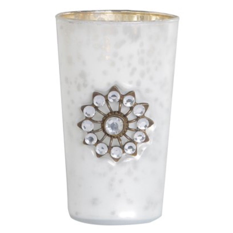White Glass Jewelled Candle Votive